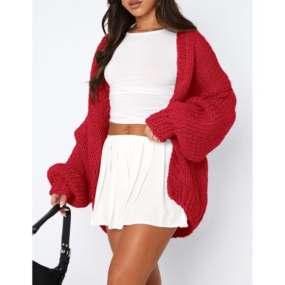 Womens Trendy Cardigan Sweaters Red Long Sleeve Chunky Knit Outfits - Picture 4 of 8